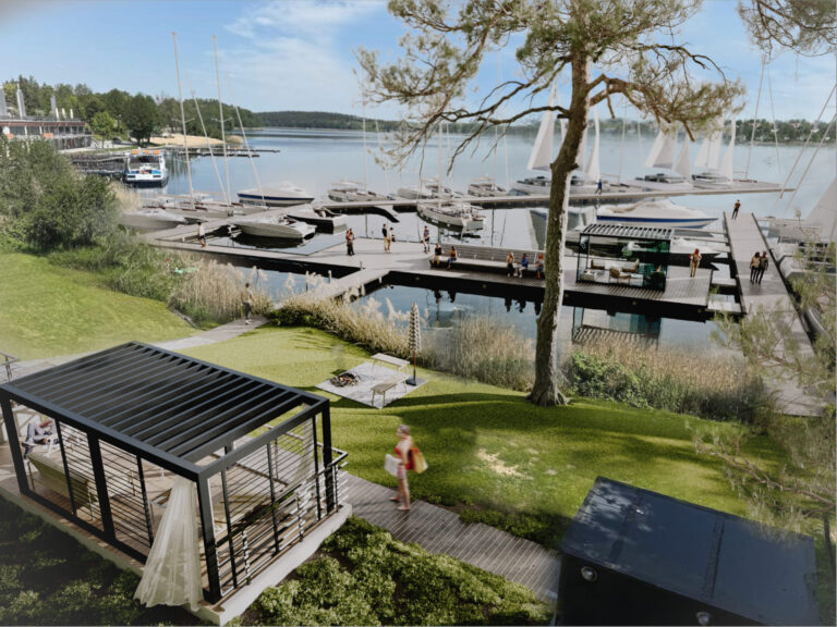 Wizualizacja mariny i pomostu w inwestycji Pratum Apartamenty w Mikołajkach na Mazurach